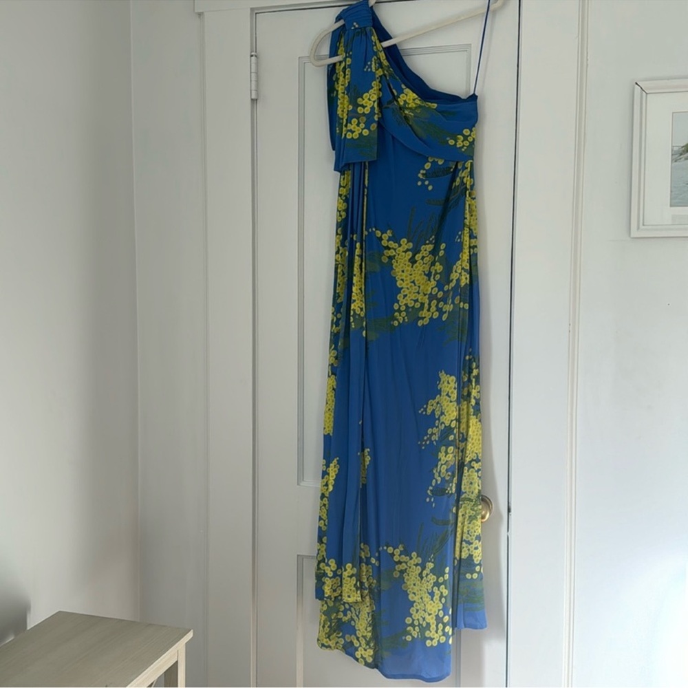 Bernadette Elegant Blue One Shoulder Dress with Floral Patterns